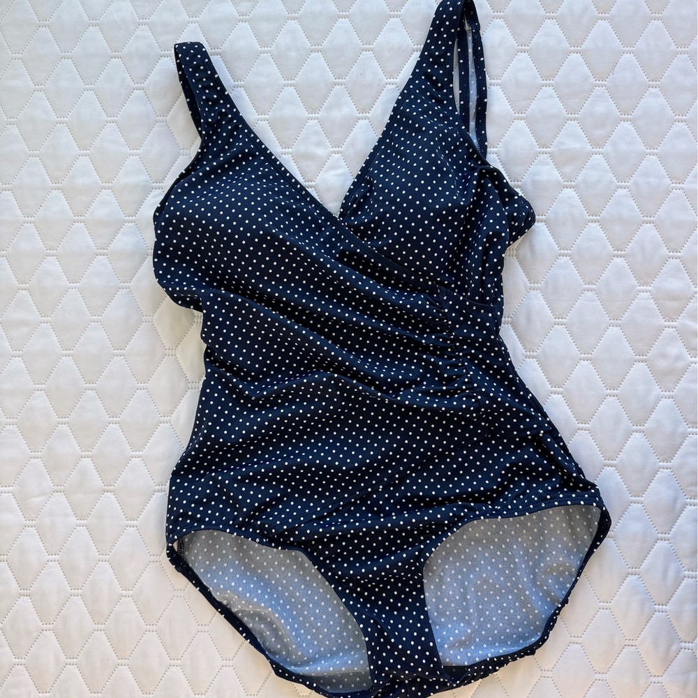 Jantzen Classics One Piece Swimsuit Womens 10 Navy Blue Polka Dot Excellent